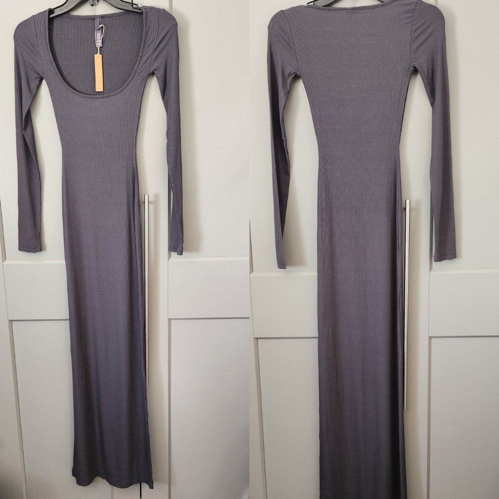 New SKIMS Soft Lounge Long Sleeve Dress Graphite Grey XXS Modal Ribbed Maxi Gray